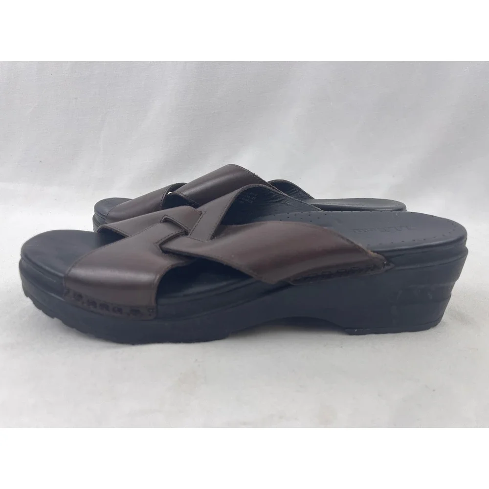 LL Bean Leather‎ Wedge Slide Sandals Womens 8.5 M Brown Cross Strap Comfort